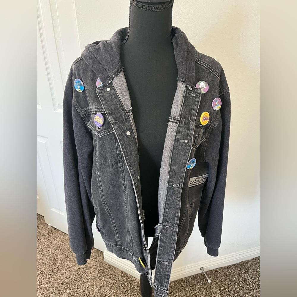 One-of-a-Kind Handmade Batman Denim Hoodie Jacket | Custom Pins & Patch | Size L